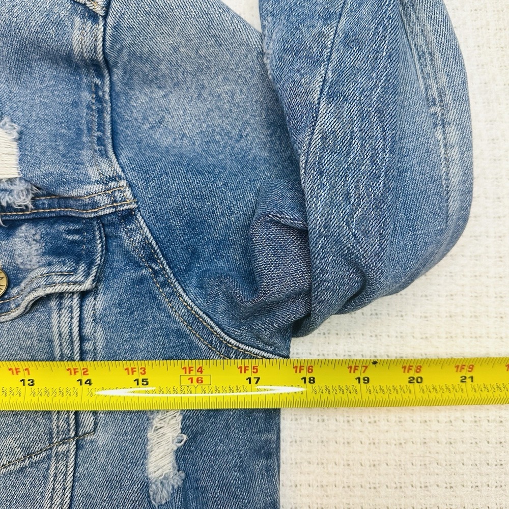 Just‎ USA Boutique Women Distressed Blue Staircase Hem Jean Jacket Button Up-Med - Picture 13 of 13